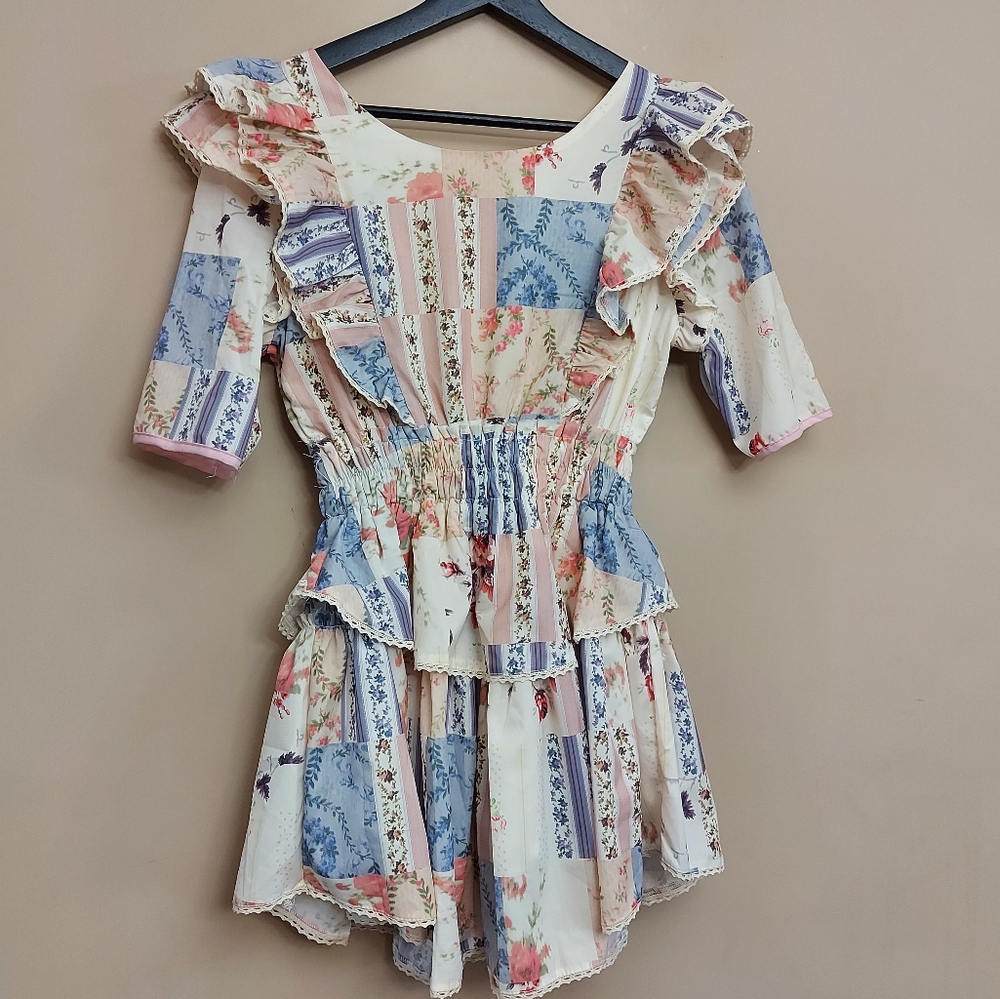 Yvonne & Love Patchwork short sleeve ruffled accent mini dress